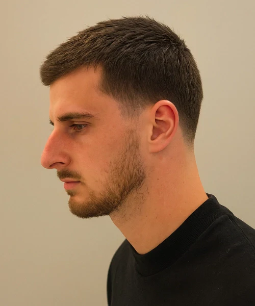 dikdörtgen yüz fade crew cut saç modeli erkek modern kısa kesim