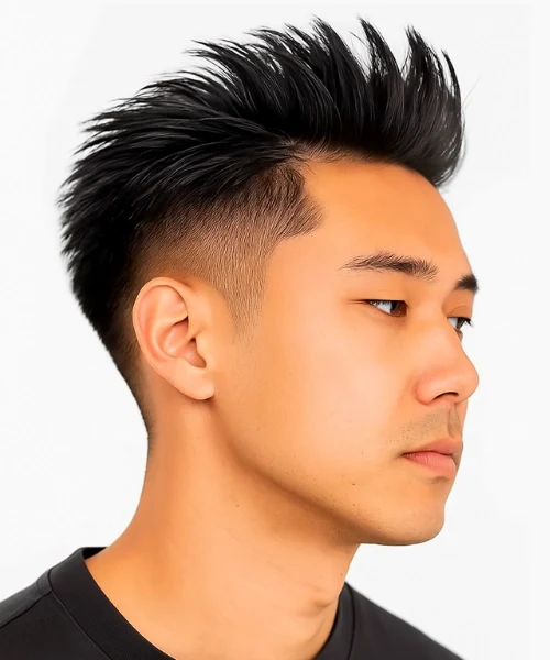 dikdörtgen yüz fade faux hawk side part saç modeli erkek modern stil
