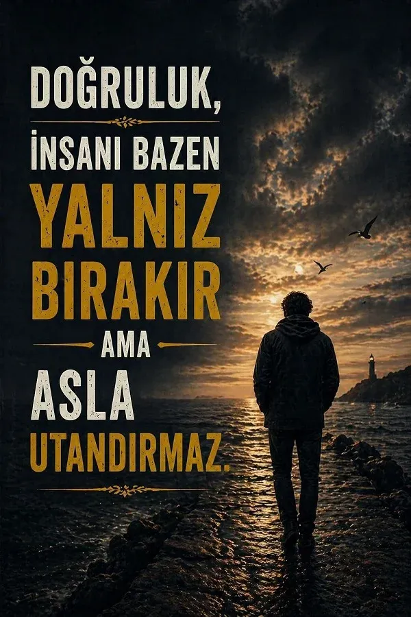 Gün batımında deniz kenarında duran kişi ve doğrulukla ilgili anlamlı söz yazılı dikey görsel.