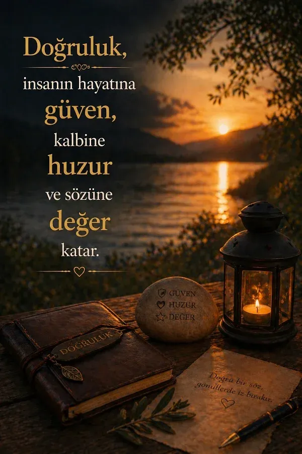 Gün batımında göl kenarında mum, kitap ve doğrulukla ilgili söz bulunan dikey görsel.