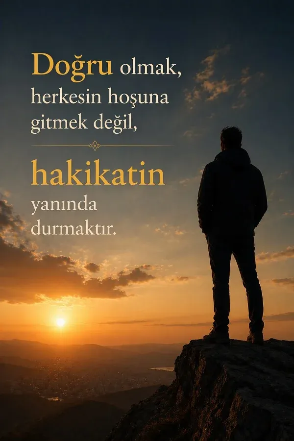 Gün doğumunda dağ tepesinde duran kişi ve doğrulukla ilgili anlamlı söz yazısı bulunan görsel.