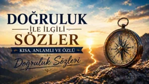 Dağ manzarasında pusula bulunan ve doğruluk ile ilgili sözler temasını yansıtan motive edici kapak görseli.