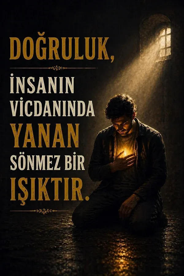 Karanlık odada diz çöken adam ve kalbinden ışık çıkan doğruluk sözlü görsel.