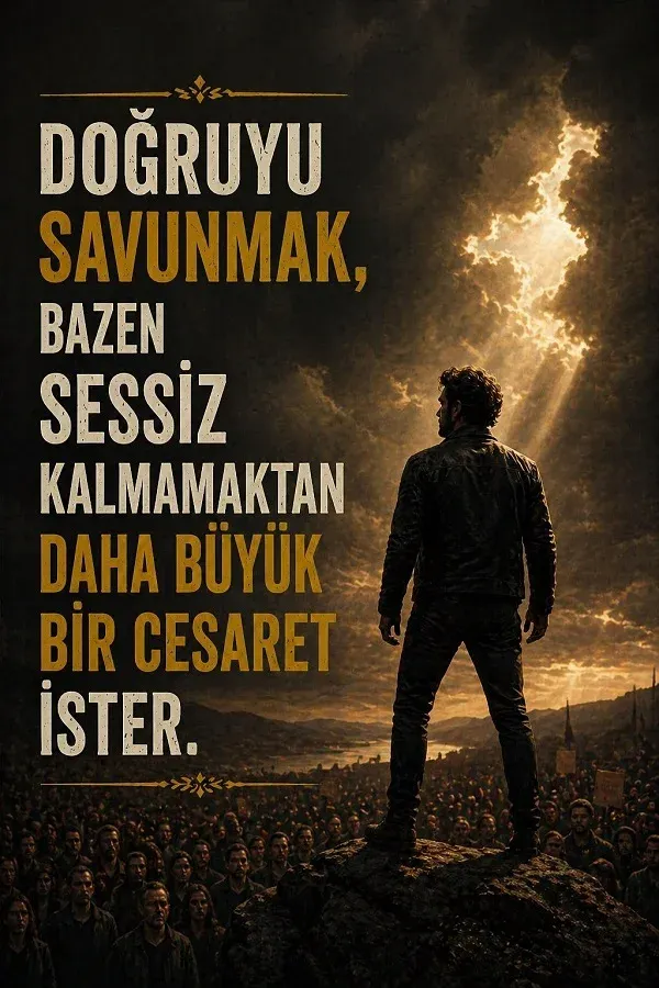 Kalabalığın önünde kayanın üstünde duran kişi ve doğruluğu savunmakla ilgili söz bulunan görsel.