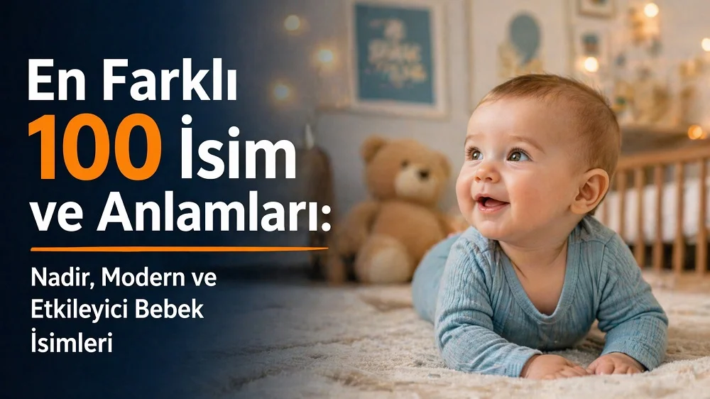 Bebek odasında yerde duran sevimli bir bebeğin yanında En Farklı 100 İsim ve Anlamları yazılı kapak görseli.