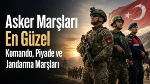 Asker Marşları başlıklı görselde Türk bayrağı önünde komando, piyade ve jandarma askerleri yer alıyor.