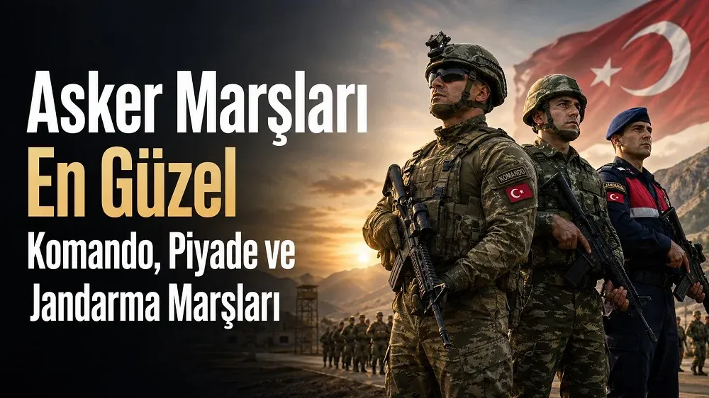Asker Marşları başlıklı görselde Türk bayrağı önünde komando, piyade ve jandarma askerleri yer alıyor.