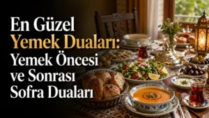 En Güzel Yemek Duaları başlıklı, yemek öncesi ve sonrası sofra dualarını temsil eden bereketli sofra görseli.