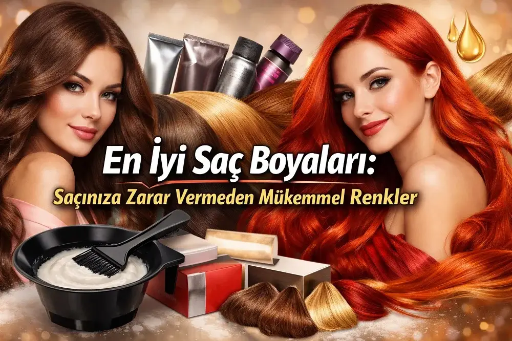 En iyi saç boyaları temalı görselde parlak kahverengi ve kızıl saçlı iki kadın, saç boyası ürünleri ve farklı renk tonları ile sağlıklı ve canlı saç görünümü vurgulanıyor