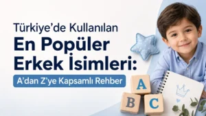 Türkiye’de kullanılan en popüler erkek isimleri konulu görselde mavi tonlarda arka plan, ABC harf blokları, defter ve gülümseyen erkek çocuk yer alıyor.