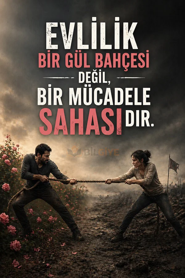 İp çekme mücadelesi yapan çift ve evlilik bir gül bahçesi değil bir mücadele sahasıdır yazılı söz görseli.