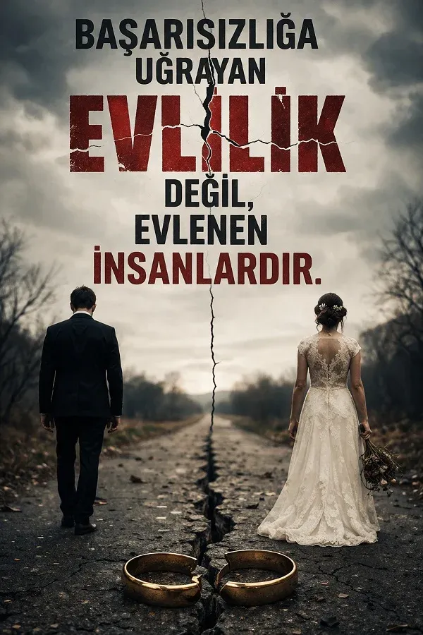 Çatlamış yolun iki yanında uzaklaşan gelin ve damat ile evlilik üzerine anlamlı söz bulunan etkileyici görsel.