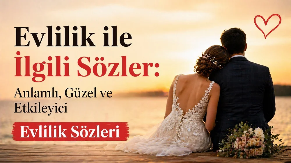 Evlilik ile ilgili sözler yazılı, gün batımında iskelede oturan gelin ve damat temalı romantik kapak görseli.