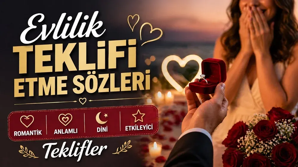 Gün batımında diz çökerek yüzük uzatan erkek ve şaşkın mutlu kadın ile evlilik teklifi sözleri yazılı romantik kapak görseli.