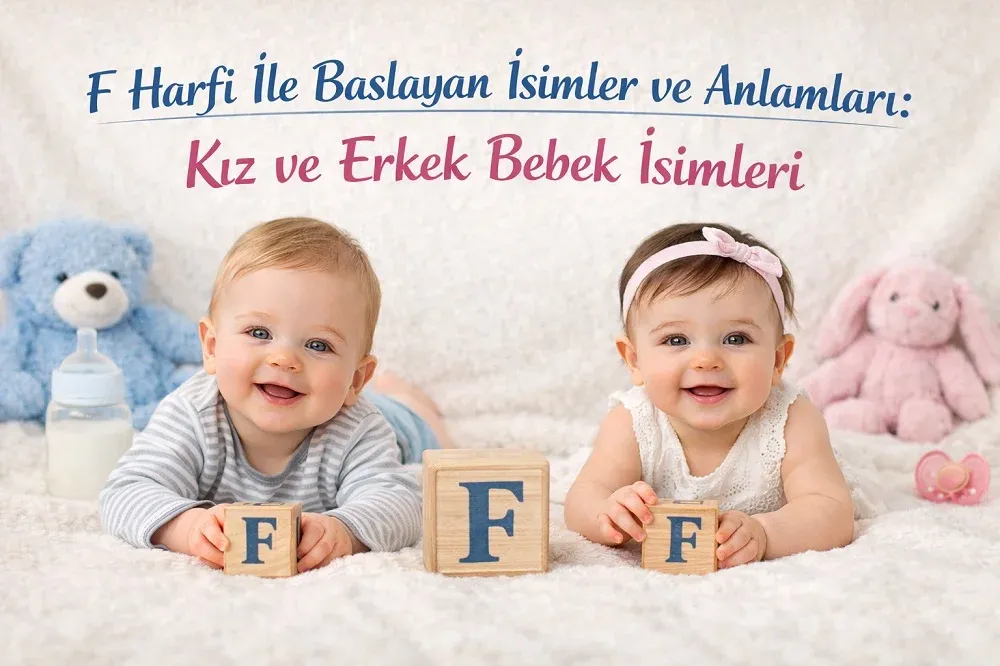 F harfi ile başlayan kız ve erkek bebek isimleri başlıklı görselde F harfli blok küpler yanında iki bebek.