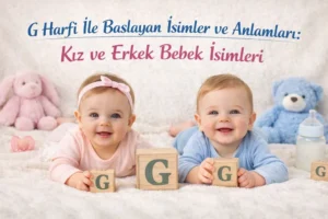 G harfi ile başlayan kız ve erkek bebek isimleri başlıklı görselde G harfli blok küpler yanında iki bebek.