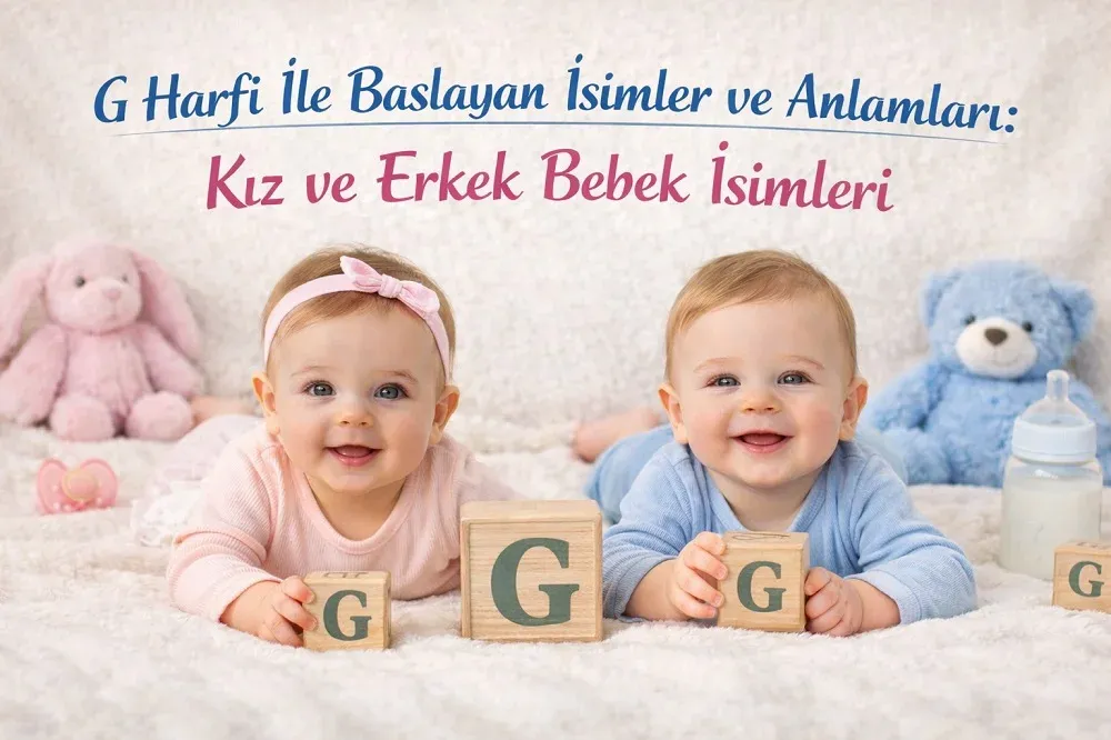 G harfi ile başlayan kız ve erkek bebek isimleri başlıklı görselde G harfli blok küpler yanında iki bebek.