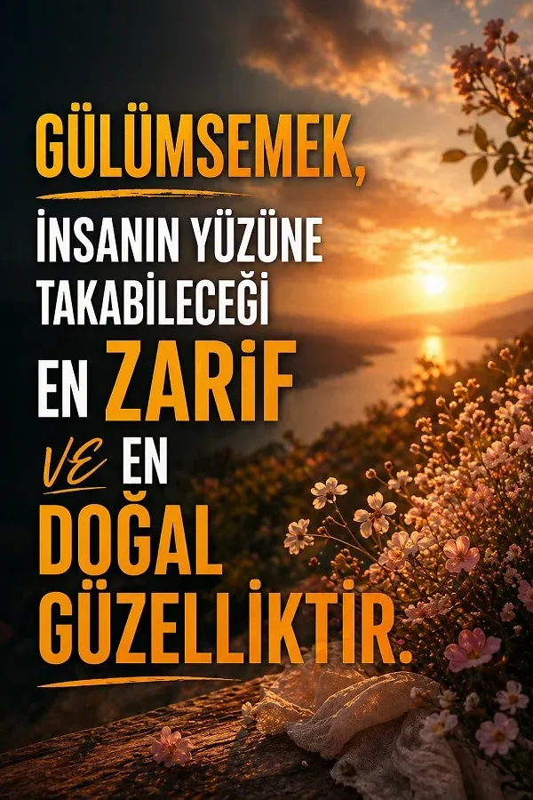 Gün batımı manzarasında çiçekler ve gülümsemek hakkında anlamlı söz bulunan dikey görsel.