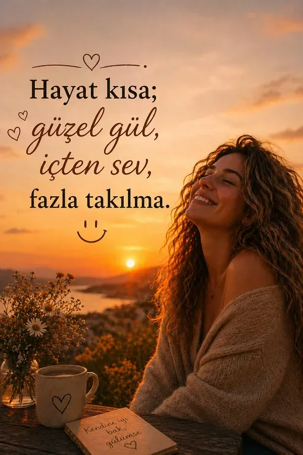 Gün batımında masa, kupa ve hayatla ilgili pozitif söz bulunan dikey görsel.