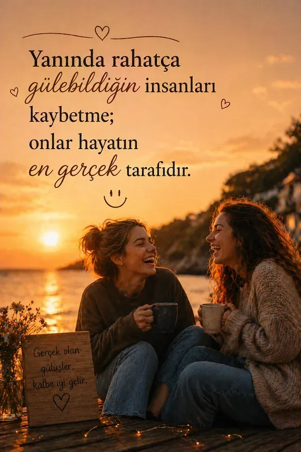 Gün batımında kahkaha atan iki arkadaş ve dostluk sözü bulunan dikey görsel.