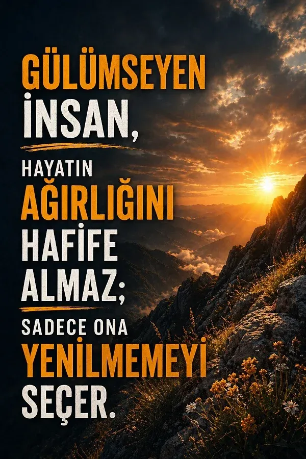 Dağ manzarasında gün doğumu ve gülümsemek üzerine motivasyon sözü bulunan dikey görsel.