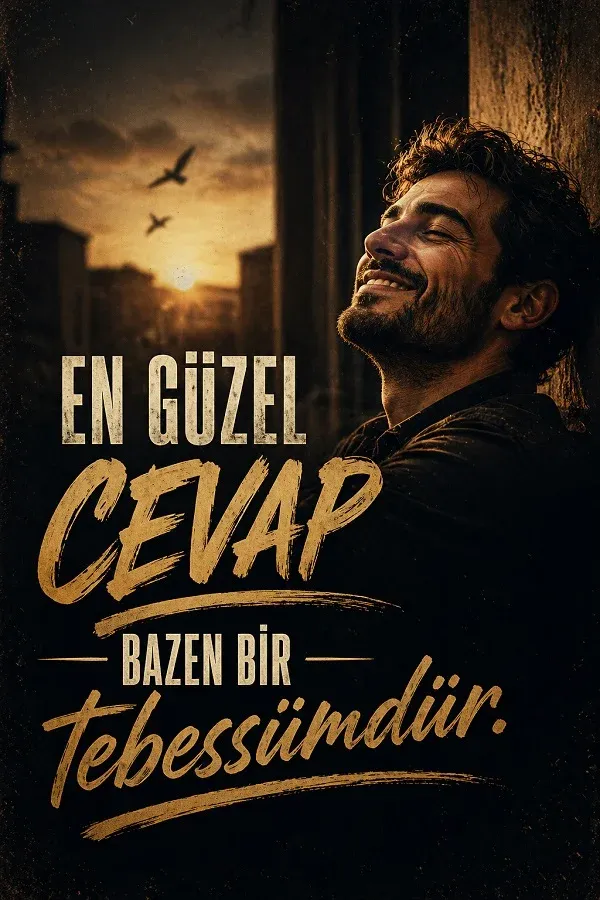 Gün batımında gülümseyen erkek ve tebessümle ilgili söz bulunan dikey görsel.