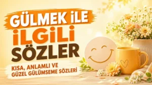 Gülmek ile ilgili sözler başlığı, gülümseyen obje, turuncu kupa ve çiçeklerle hazırlanmış sıcak tonlu kapak görseli.