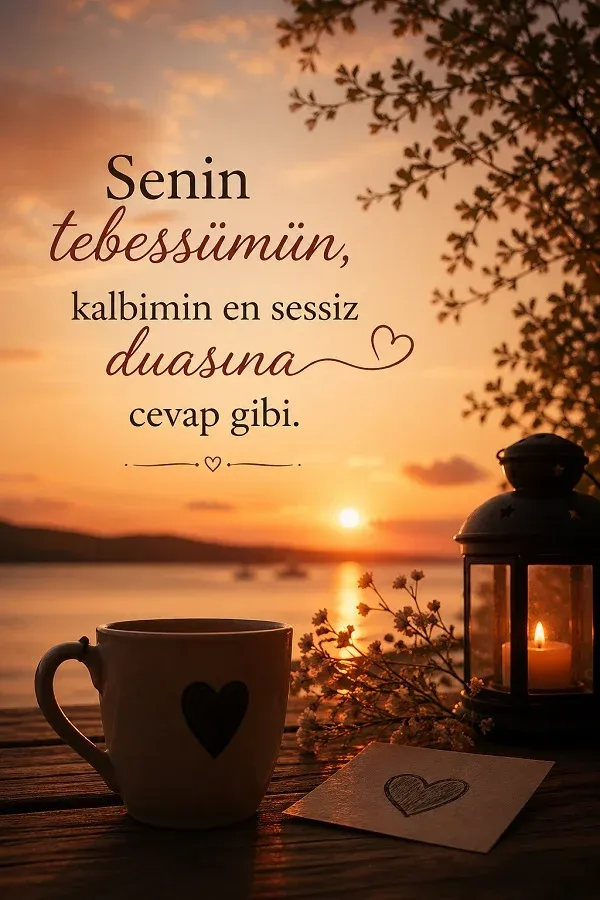 Gün batımında masa, kupa ve tebessümle ilgili romantik söz bulunan dikey görsel.