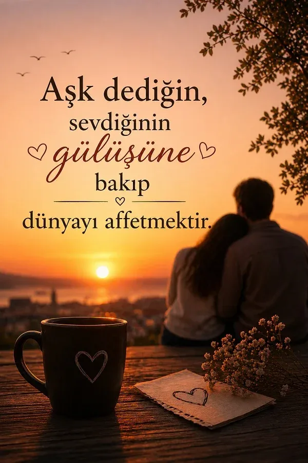 Gün batımında oturan çift ve aşk hakkında anlamlı söz bulunan dikey görsel.