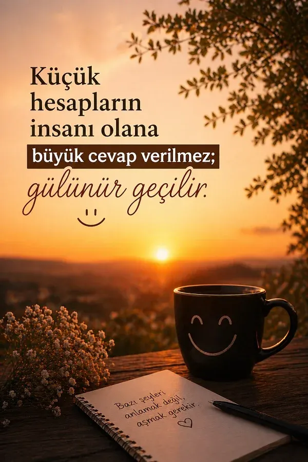 Gün batımı manzarasında kupa ve küçük hesaplarla ilgili söz bulunan dikey görsel.