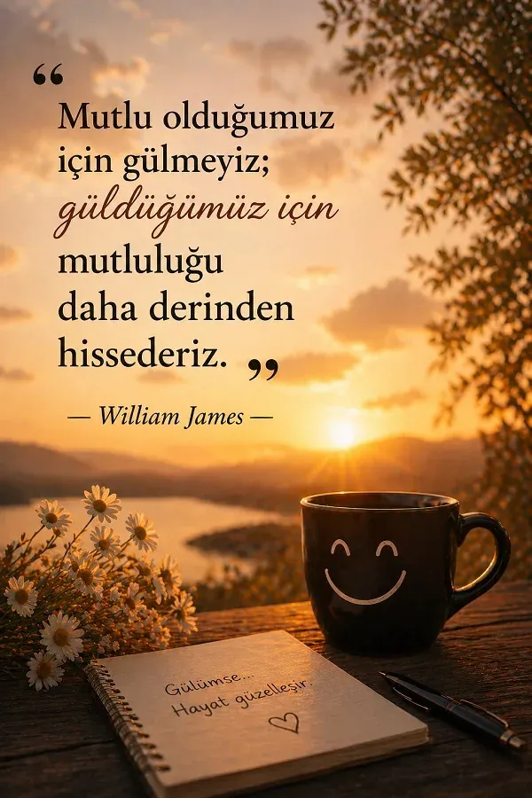 Gün batımı fonunda kupa ve mutlulukla ilgili alıntı söz bulunan dikey görsel.