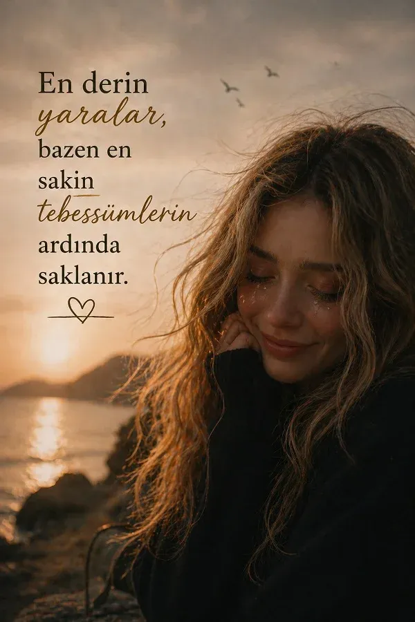 Deniz kıyısında tebessüm eden kadın ve duygusal söz bulunan dikey görsel.