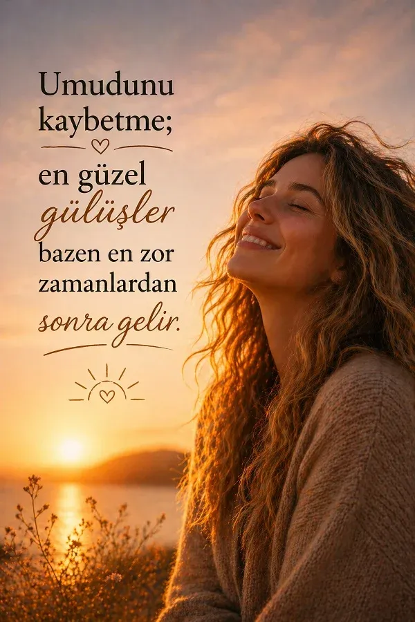 Gün doğumunda gülümseyen kadın ve umutla ilgili söz bulunan dikey görsel.