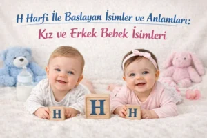 H harfi ile başlayan kız ve erkek bebek isimleri başlıklı görselde H harfli blok küpler yanında iki bebek.