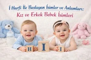 İ harfi ile başlayan kız ve erkek bebek isimleri başlıklı görselde İ harfli blok küpler yanında iki bebek.