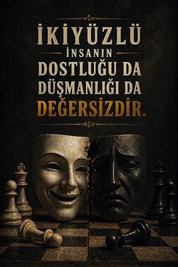 Satranç tahtası üzerinde iki farklı maske ve ikiyüzlü insanlarla ilgili söz bulunan dikey görsel.