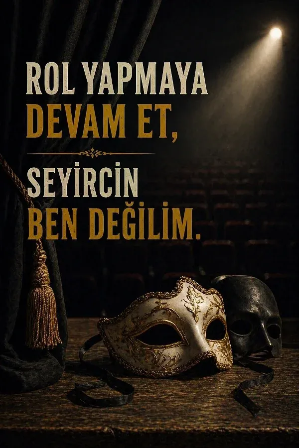 Tiyatro sahnesinde maskeler ve rol yapmakla ilgili sert söz bulunan dikey görsel.