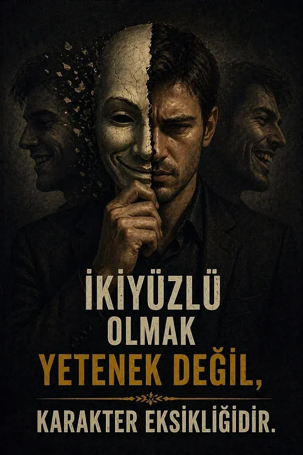Yüzünün yarısı maskeyle kaplı adam ve ikiyüzlülükle ilgili söz bulunan görsel.