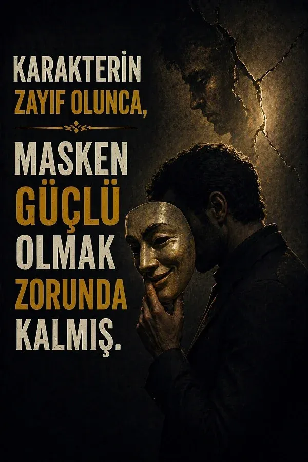 Elinde maske tutan adam ve karakter ile ilgili anlamlı söz bulunan dikey görsel.