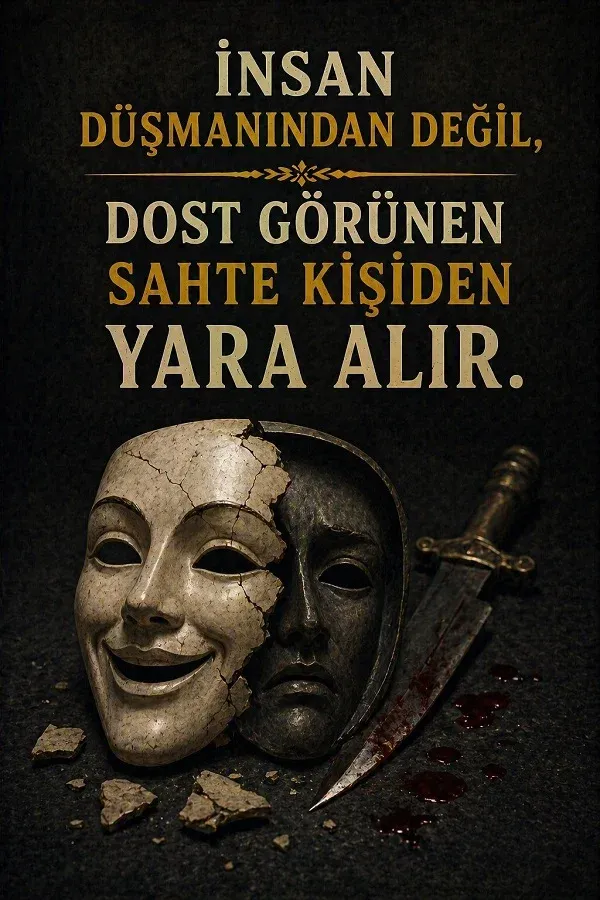 Kırık maskeler, bıçak ve sahte dostlarla ilgili söz bulunan dikey görsel.