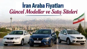 İran araba fiyatları başlıklı görselde Tahran manzarası önünde üç otomobil modeli.