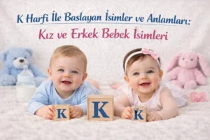 K harfi ile başlayan kız ve erkek bebek isimleri başlıklı görselde K harfli blok küpler yanında iki bebek.
