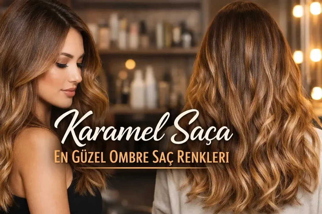 Karamel saça uygulanmış doğal ombre saç renkleri ile uzun dalgalı kadın saç modeli