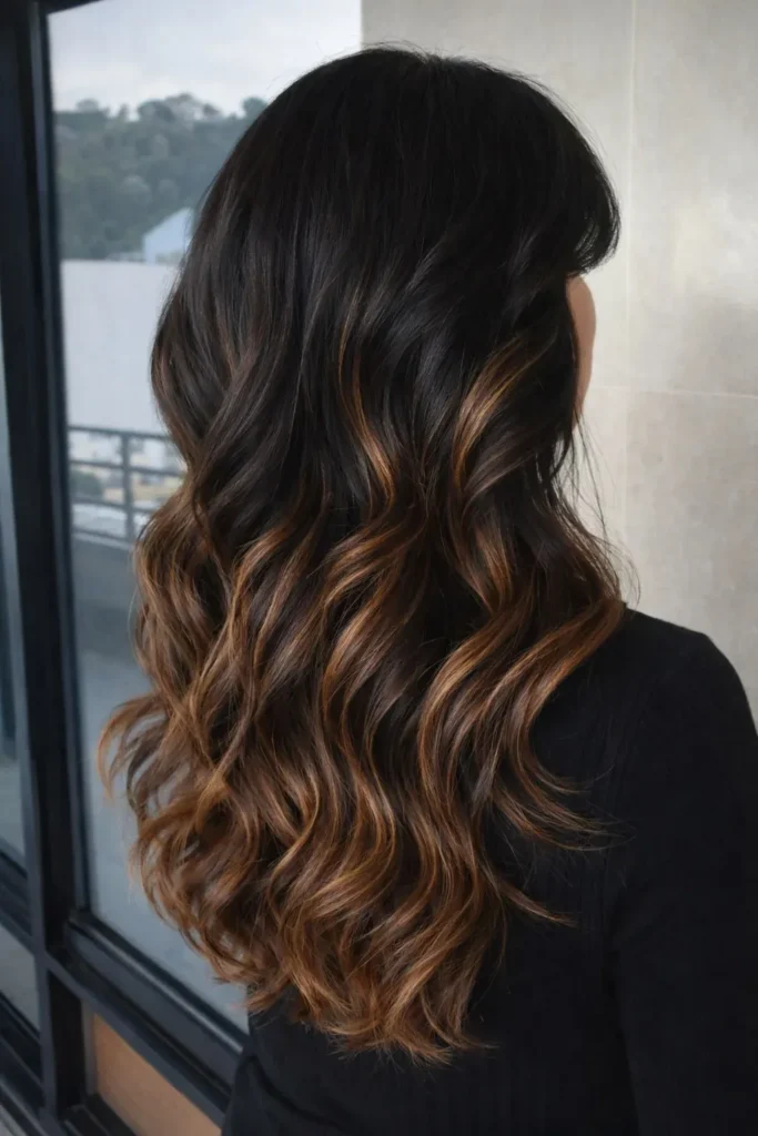 bakır yansımalı karamel ombre koyu kahve saç modeli