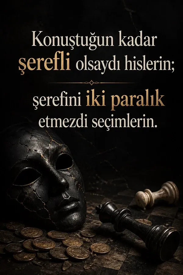 Kırık maske, satranç taşı ve şerefle ilgili sert söz bulunan dikey görsel.