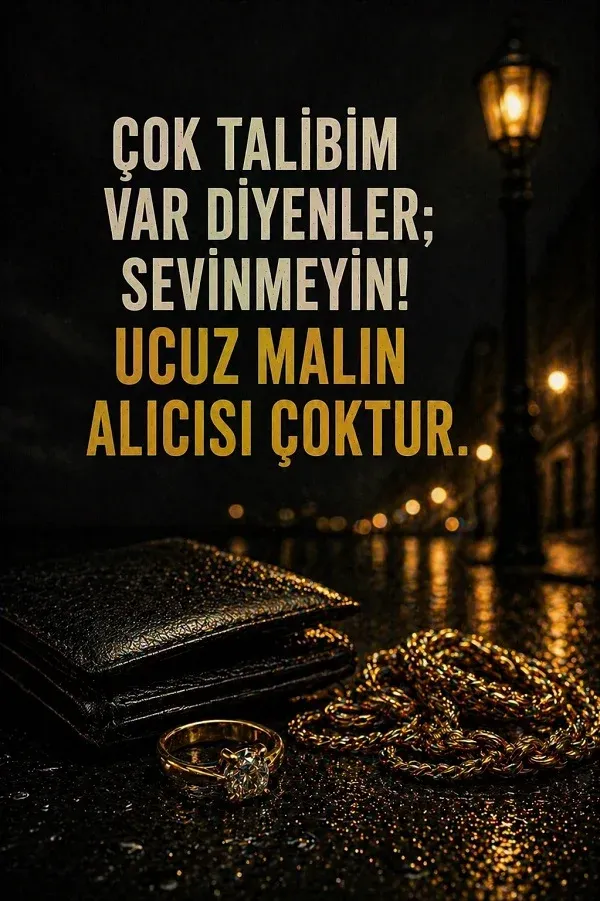 Gece sokakta cüzdan, yüzük ve ucuz mal sözü bulunan dikey görsel.