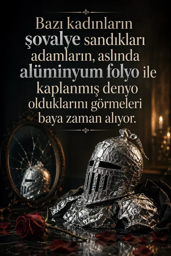 Folyo kaplı şövalye miğferi, ayna ve kapak söz bulunan dikey görsel.
