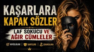 Dalgalı sarı saçlı bir kadın elinde siyah maske tutarken kaşarlara kapak sözler temasını anlatan dikkat çekici kapak görseli.