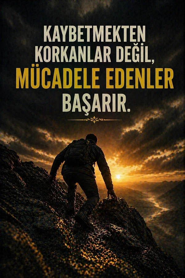 Kayalığa tırmanan kişi ve başarıyla ilgili motivasyon sözü bulunan dikey görsel.