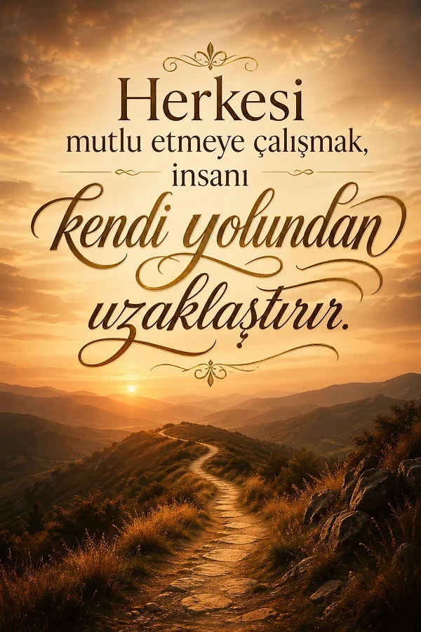 Dağ yolunda gün batımı ve kendi yolunu seçmekle ilgili söz bulunan dikey görsel.